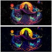 Blacklight Skull Wizard HD 3D Black Light Aquarium Background UV Reactive Galaxy Space Gothic Skeleton Witch Background with 10 EVA Double-Sided Tape, 48X24IN