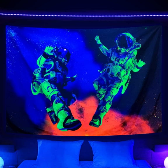 Blacklight Space Astronaut Galaxy Tapestry, Colorful Hippie Wall Tapestry, Aesthetic Trippy UV Reactive Wall Hanging Multifunction Art Tapestries Bedding 60X40 inches