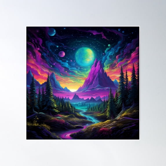 Blacklight Style Fluorescent Mountains Planets And Skies Poster Wall Art, Modern Wall Decor, 16x16 UNFRAMED