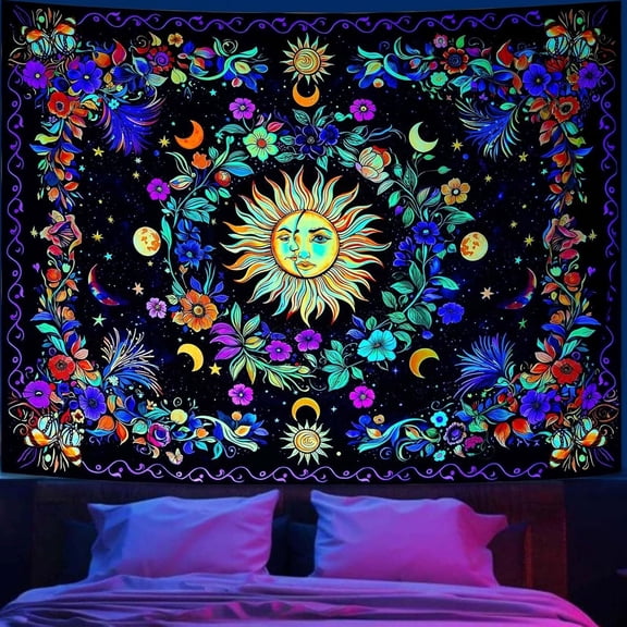 Blacklight Sun and Moon Tapestry, Glow in The Dark UV Reactive Wall Decor, Aesthetic Bohemian Tapestries for Bedroom Living Room, Mystic Floral Art 30×40 inches