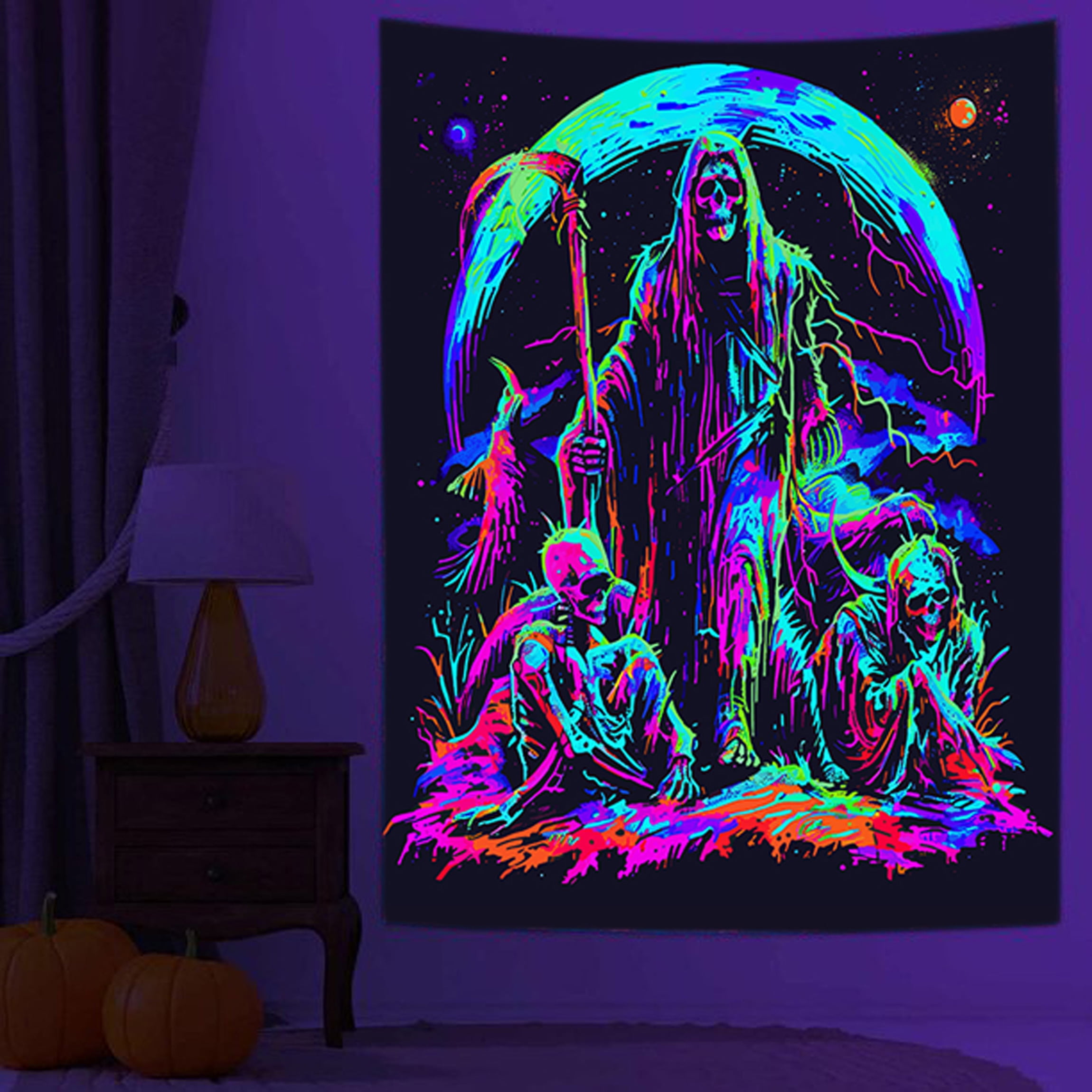 Blacklight Tapestry for Bedroom Cool Trippy Skull Tapestry for Men Reaper and Skeleton Wall Vertical Tapestry Black Light Tapestries Posters Room Gothic Decor for Teens 40X60IN Walmart