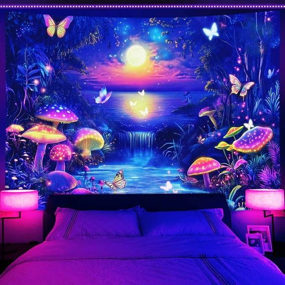 Blacklight Tapestry Fantasy Forest Mushroom Tapestry UV Reactive Moon Butterfly Forest Waterfall Tapestry Night Neon Flower Landscape Wall Hanging for Bedroom Room Home Decor