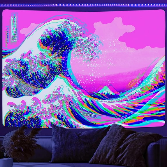 Blacklight Tapestry Poster for Bedroom, Black Light Ocean Great Wave Tapestry, UV Reactive Japanese Aesthetic Neon Wave Tapestry Wall Hanging Decor for Living Room, 40X30IN