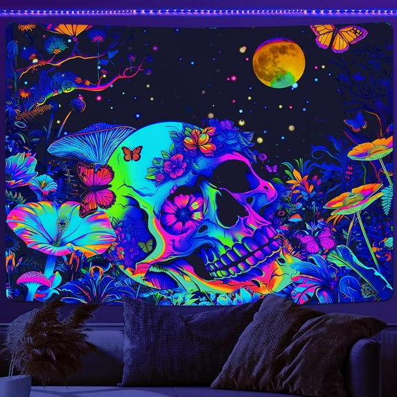 Blacklight Tapestry, Skull Skeleton Tapestry for Bedroom, Floral UV Mushroom Plants Reactive Tapestries, Glow in the Dark Black Light Posters Tapestry Wall Hanging for Room, 60X40IN