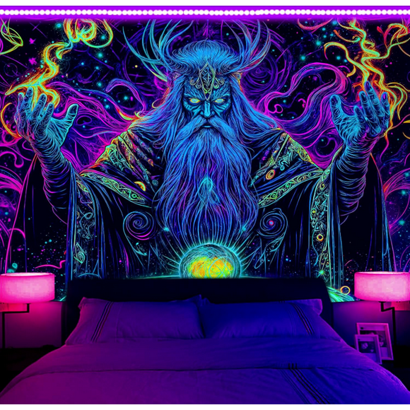 Blacklight Tapestry, Trippy Wizard Tapestry Glow in The Dark, UV Reactive Black Light Upright Posters Wall Hanging for Bedroom Dorm Living Room Backdrop Decor,60X40