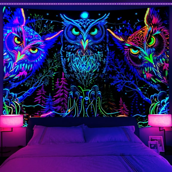 Blacklight Tapestry UV Reactive Black Light Trippy Owl Forest Poster for Men Room Bedroom Decor Psychedelic Moon Animal Glow in The Dark Party Decor 60X40 Inch