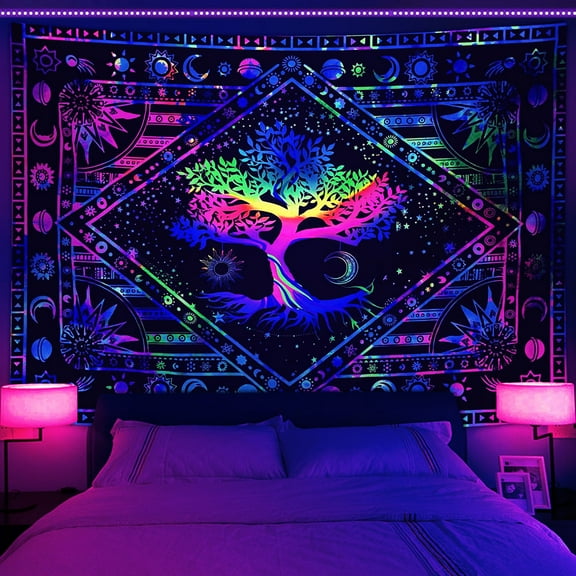Blacklight Tree of Life Tapestry, Aesthetic Trippy with Sun Moon and Star Galaxy Space, Colorful Hippie Wall Tapestry, Mandala Posters Tapestries 60X40 inches