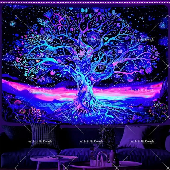 Blacklight Tree Life Tapestry UV Reactive Neon Star Tapestries Black ...