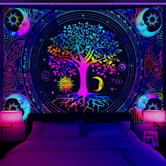 Blacklight Trippy Neon Tapestry,UV Aesthetic Tree of Life Wall Tapestry,Sun And Moon Tapestries,Colorful Hippie Wall Tapestry for Bedroom,Galaxy Space Tapestry 40X30in