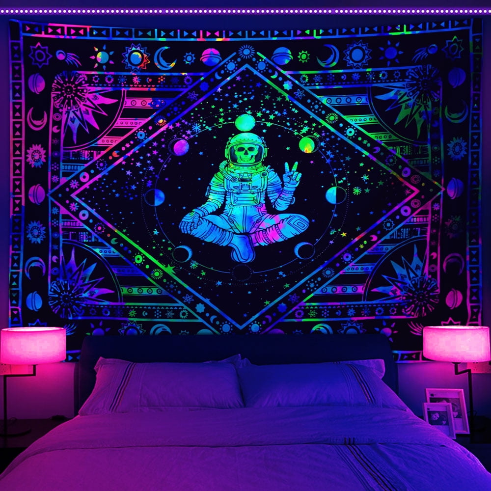 Blacklight Trippy Tapestry UV Reactive Boho Yoga Skull Spaceman Chakra Art Tapestry for Bedroom Colorful Hippie Psychedelic Black Light Posters Wall Hanging Home Decor 60x51 in Walmart