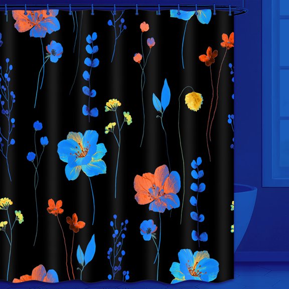 Blacklight Watercolor Floral Shower Curtain, UV Reactive Blue Orange Plant Flower Eucalyptus Leaves Fabric Modern Minimalist Shower Curtains for Bathroom, Waterproof Washable ,72x72 inch with Hooks …
