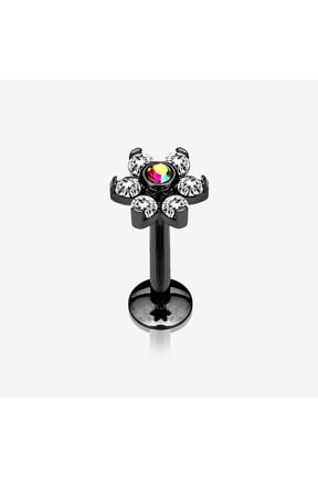 Blackline Brilliant Sparkle Flower Top Internally Threaded Steel Labret