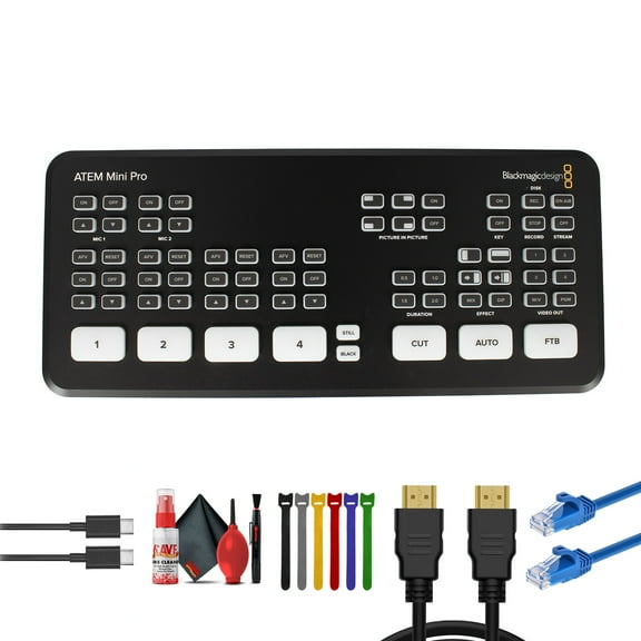 Blackmagic Design ATEM Mini Pro HDMI Live Stream Switcher | 4-Input Video Mixer with USB-C & Ethernet | For Streaming, Podcasting & Live Events (SWATEMMINIBPR) + Cat5e Ethernet + Video Cable + More
