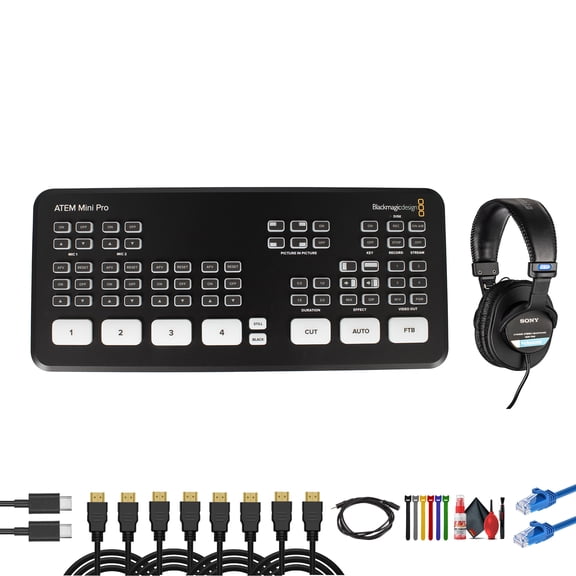 Blackmagic Design ATEM Mini Pro HDMI Live Stream Switcher | 4-Input Video Mixer with USB-C & Ethernet | For Streaming, Podcasting & Live Events (SWATEMMINIBPR) + Headphones + Cat5e Ethernet + More