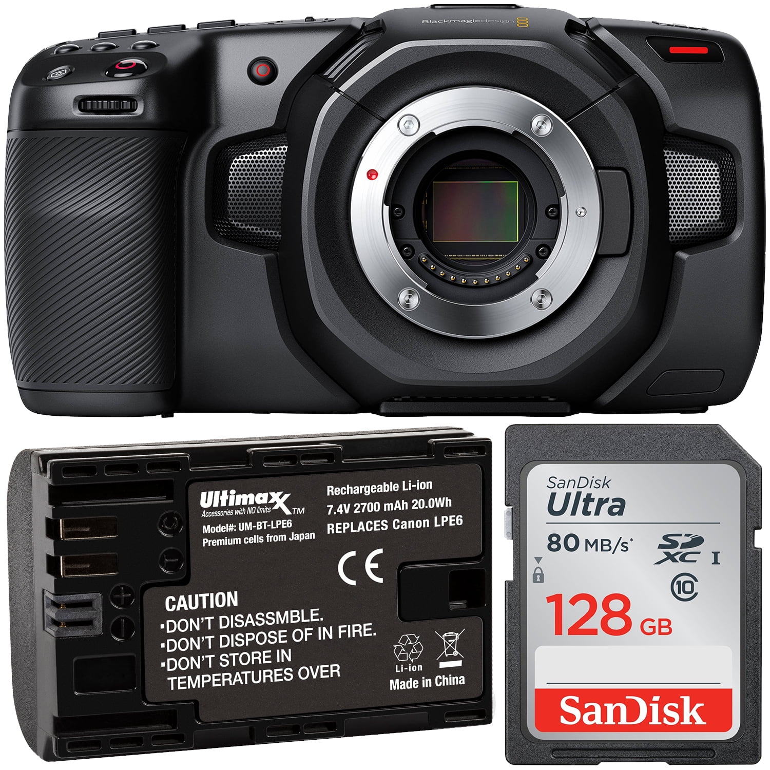  Blackmagic Design Pocket Cinema Camera 4K - Bundled with  SanDisk 128GB SDXC Memory Card, and Extra Green Extreme LP-E6N Rechargeable  Lithium-Ion Battery Pack and USB Charger : Electronics