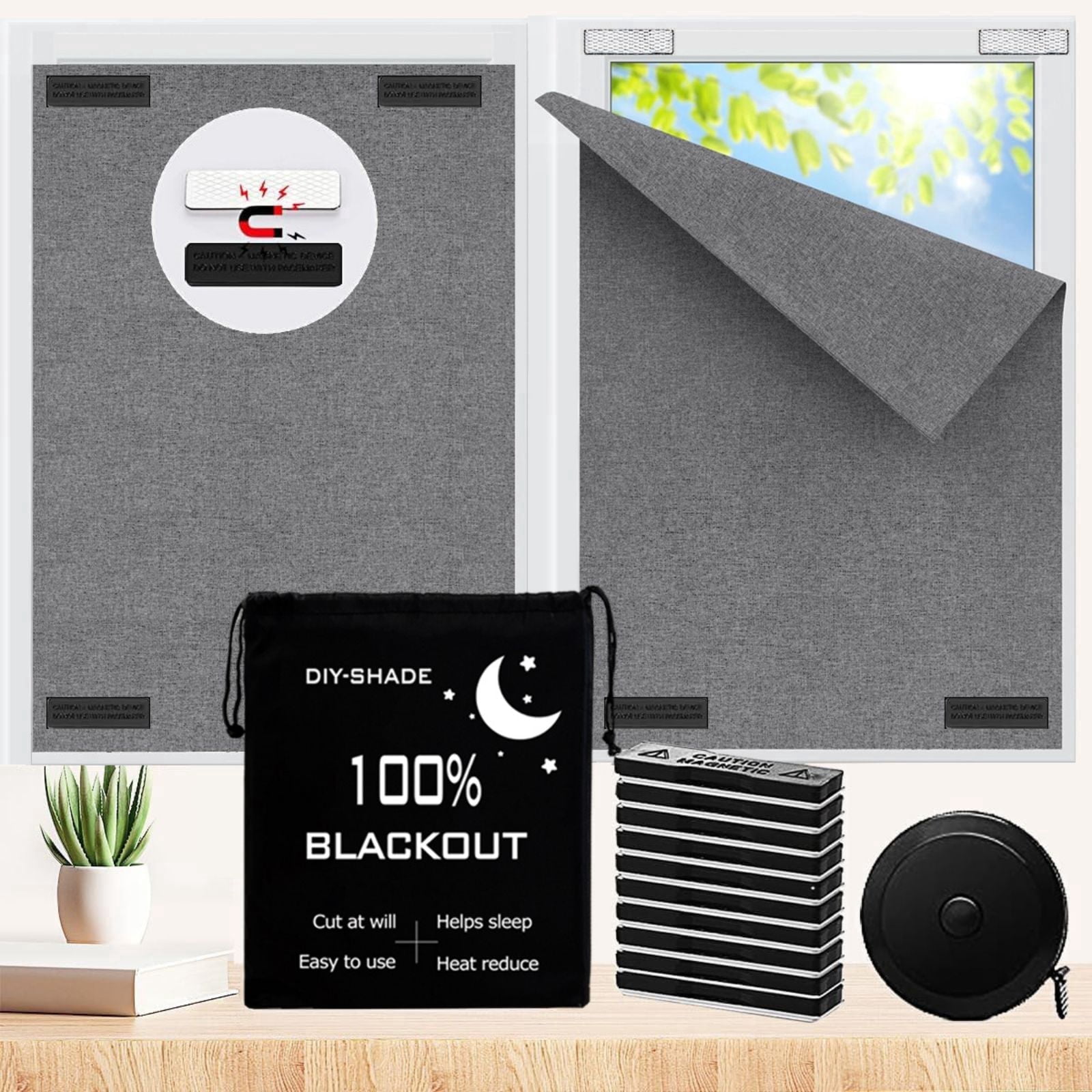 Blackout Blind Magnetic Window Cover,No Drill, Cut Any Size/Shape,Portable Black Out Shades Curtains for Nursery Bedroom, Rv, Media Room, 1 Panel