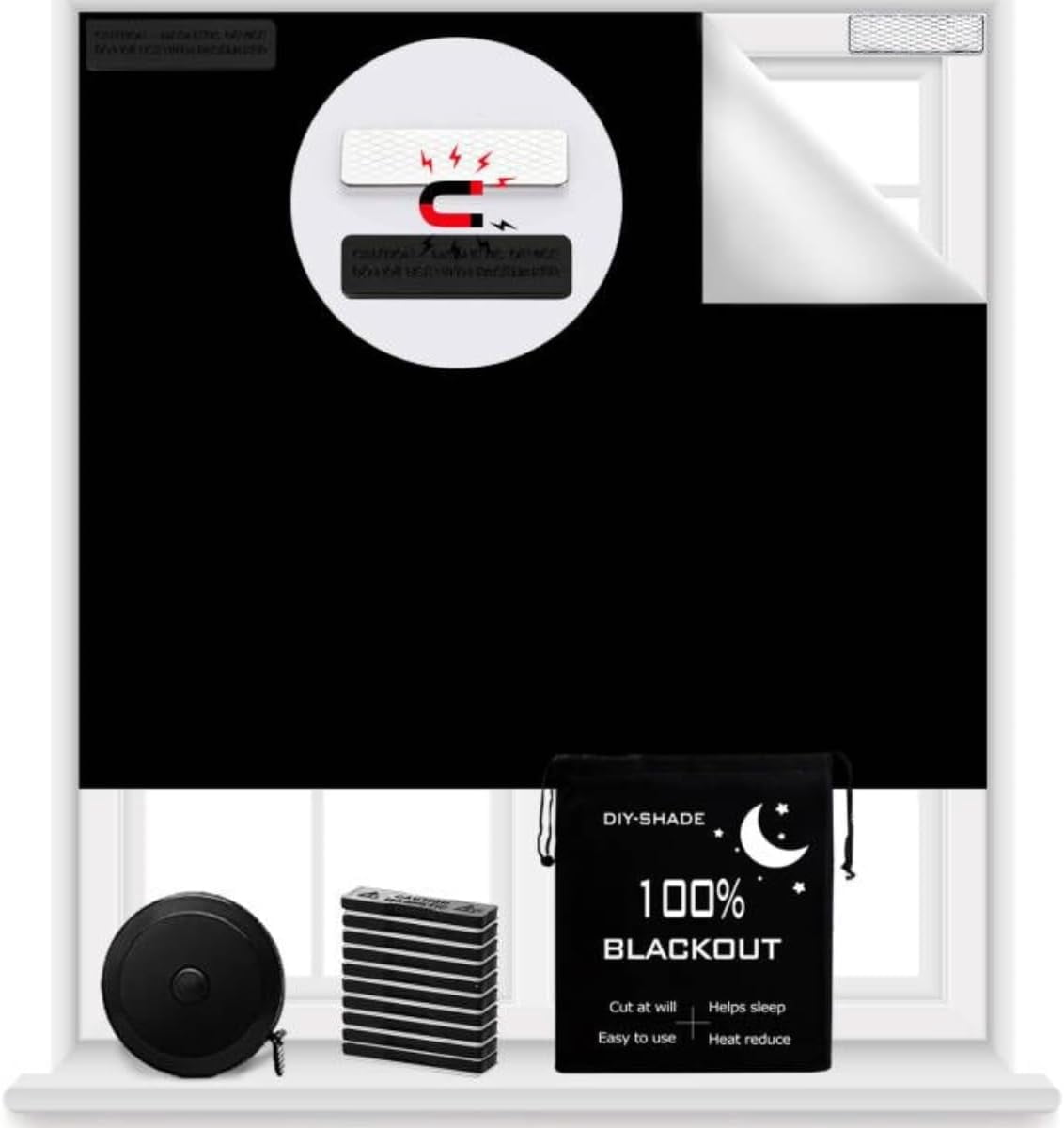 Blackout Blind Magnetic Window Cover, No Drill, Cut Any Size or Shape, Portable Black Out Shades with Magnetic Closure