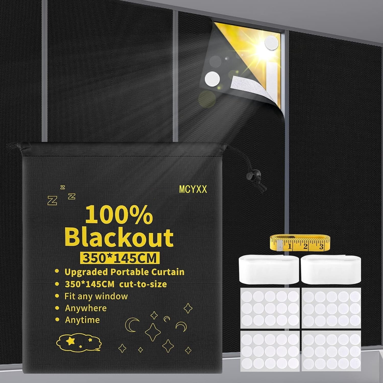 Blackout Blinds 138" x 57", 100% Blackout Blind Curtain for Window, No Drill Portable Blackout Shades Film for Bedroom, Cut to Any Size, Nursery Black Out Blinds for Travel Temporary