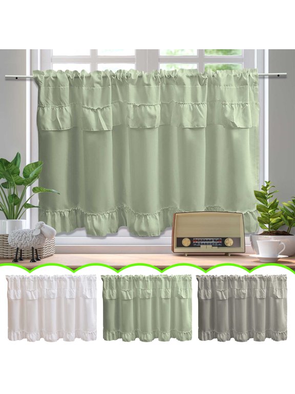 Blackout Cafe Curtains for Small Kitchen Windows, 100% Darkening Thermal Insulated Window Curtains, Waterproof Easy Clean Short Curtains for Kitchen, Bedroom, Bathroom,100cm,CTN-GN