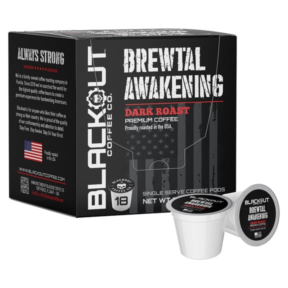 Blackout Coffee Brewtal Awakening Dark Roast Coffee  HIGH CAFFEINE, Bold & Strong, Fuel Your Mission  18 Count Coffee Pods