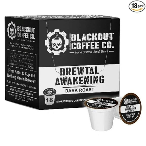 Blackout Coffee Brewtal Awakening Dark Roast - High Caffeine, Bold and Rich Flavor, Aromatic and Strong - Freshly Roasted in the USA - K-Cup Compatible Single-Serve Pods (18 Count)