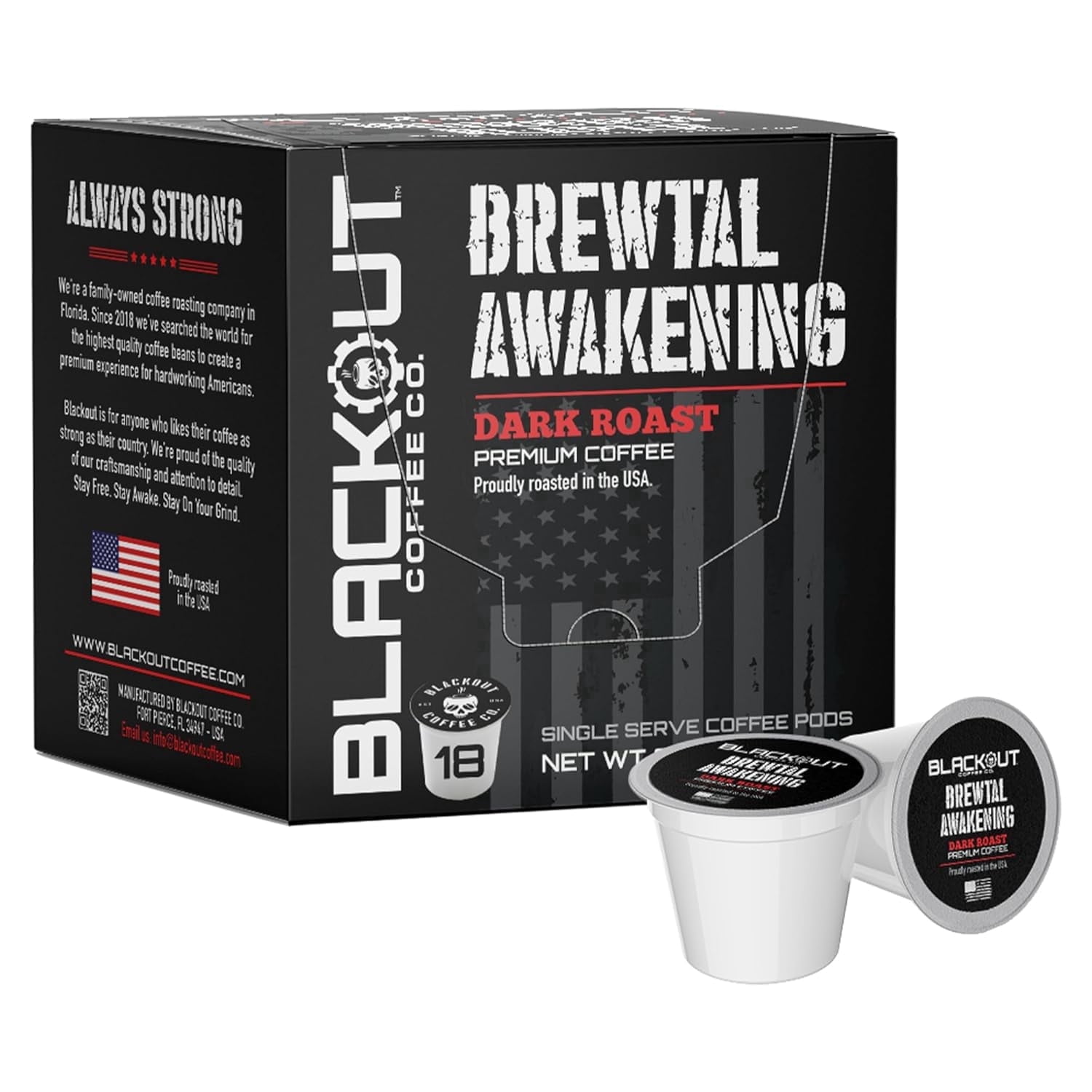 Blackout Coffee Brewtal Awakening Dark Roast Coffee Pods, Bold Rich Flavor, High Caffeine Coffee, K-Cup Compatible Single Serve Pods, 18 Count, Roasted in USA