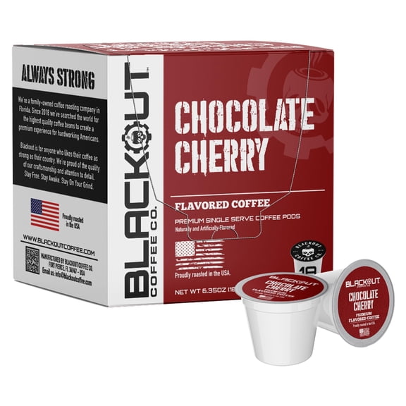 Blackout Coffee Chocolate Cherry Flavored Coffee Pods Premium Roasted, Smooth Taste, Guilt-Free Indulgence 18 Count Single-Serve Coffee Pods.