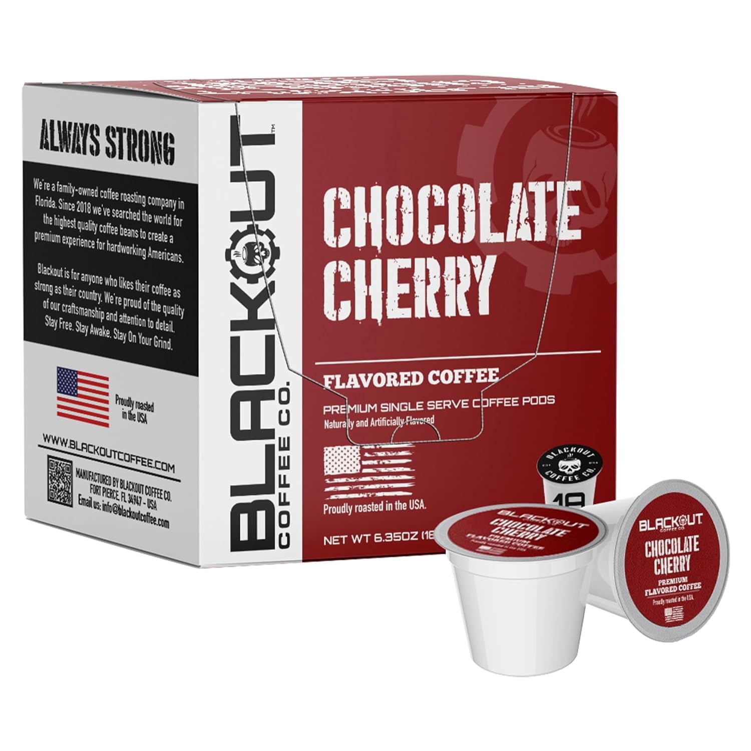 Blackout Coffee Chocolate Cherry Flavored Coffee Pods – Premium Roasted, Smooth Taste, Guilt-Free Indulgence – 18 Count Single-Serve Coffee Pods