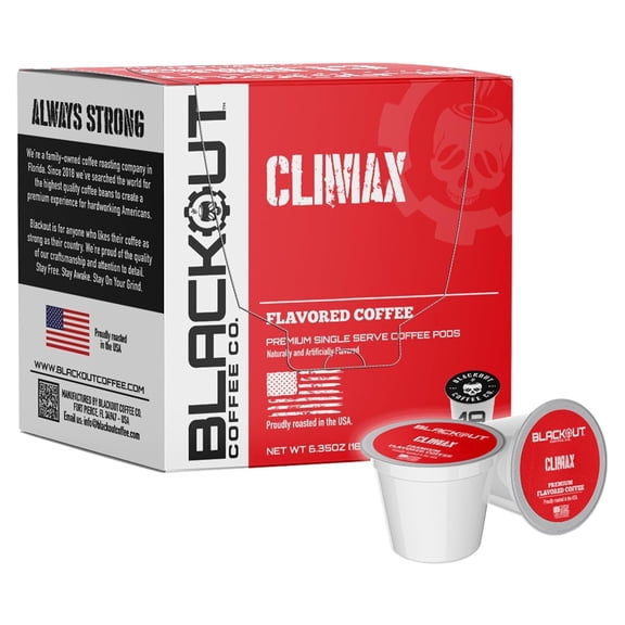 Blackout Coffee CLIMAX Amaretto, Irish Cream and Kahlua Flavored Coffee Pods, Premium Arabica, Smooth Taste, Guilt-Free Indulgence, 18 Count