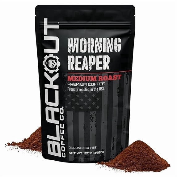 Blackout Coffee Morning Reaper Ground Coffee, Medium Roast, Bold and Strong Flavor, Freshly Roasted, 12 oz Bag