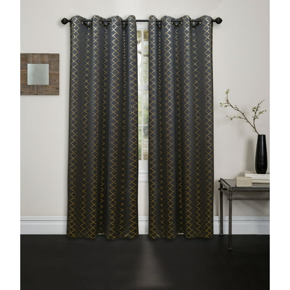 Blackout Curtain Panel Contemporary Moroccan Foil Printed 54"x84" Decorative Grommet Single Window Treatment Natalie, Dark Grey / Gold