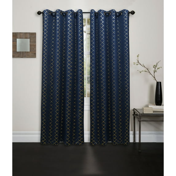 Blackout Curtain Panel Contemporary Moroccan Foil Printed 54"x84" Decorative Grommet Single Window Treatment Natalie, Navy / Gold