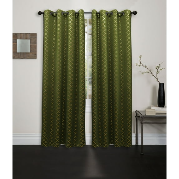 Blackout Curtain Panel Contemporary Moroccan Foil Printed 54"x84" Decorative Grommet Single Window Treatment Natalie, Sage / Gold