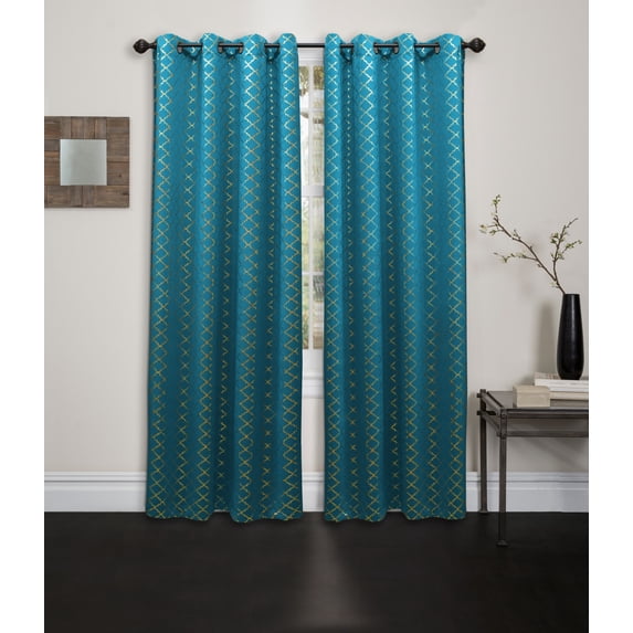 Blackout Curtain Panel Contemporary Moroccan Foil Printed 54"x84" Decorative Grommet Single Window Treatment Natalie, Turquoise / Gold
