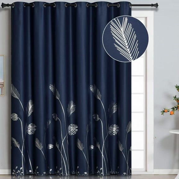 Blackout Curtain for Patio Door 80W x 84L Inch Long Silver Palm Tree Pattern Grommet Window Energy Saving Blind for Bedroom, 6.6ft Wide x7ft Long, Navy Blue, 1 Panel