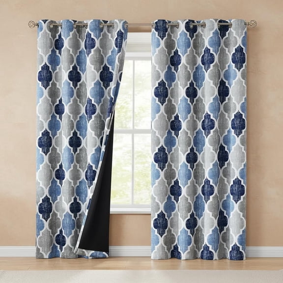 Blackout Curtains 2 Panels for Bedroom Living Room Blue Grey Moroccan Geo Room Darkening Thermal Insulated Soundproof Grommet Top Window Drapes, Set of 2
