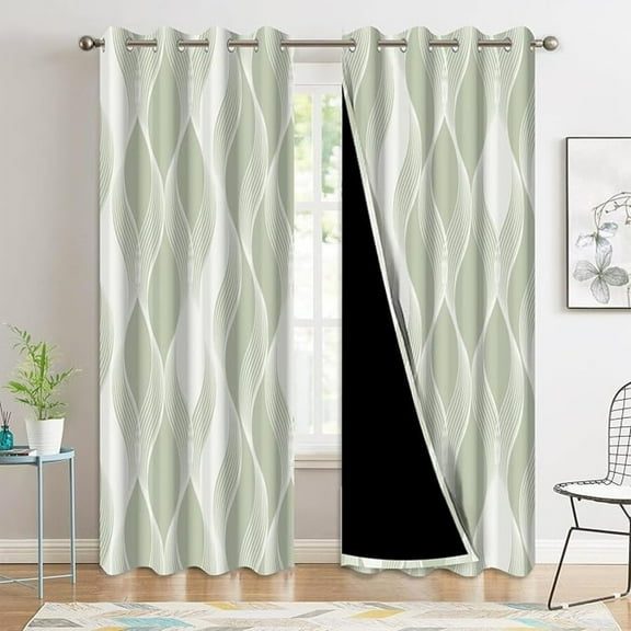 Blackout Curtains, 2 Panels Modern Geometric Wave Pattern In Sage Green & White | Light Blocking Drapes For Bedroom, Living Room Contemporary Window Treatments 26"W x 63"L (Pack of 2)