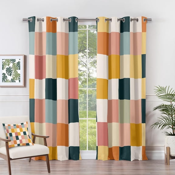 Blackout Curtains 2 Panels Set - 70s Retro Checkered Colorful Plaid Curtains for Bedroom Living Room, Room Darkening Grommet Drapes Patterned Window Treatments-42"W x 45"L (Pack of 2)
