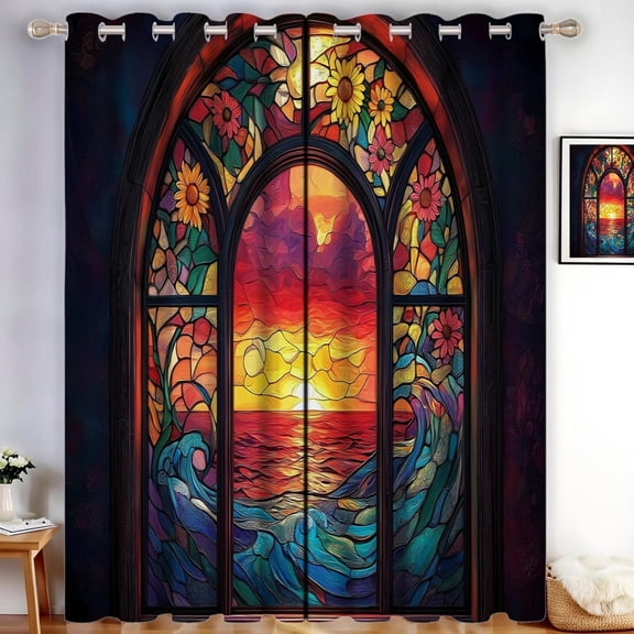 Blackout Curtains 2 Panels Stained Glass Thermal Insulated Window Treatment Arched Windows Eyelet Darkening Curtain For Living Room Bedroom Nursery 52"W x 96"L (Pack of 2)