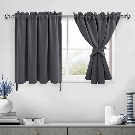Blackout Curtains 36 Inch Length, Short Curtains for Bathroom, Grey Kitchen Tier Drapes for Cafe, Basement, Small Window - 42 by 36 Inch, 1 Pair, Dark Grey