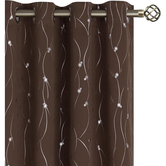 Blackout Curtains 63 Inch Length 2 Panels Set Grommet Thermal Insulated Room Darkening Window Curtains with Wave Line and Dots Printed for Bedroom, 52 x 63 Inch, Brown