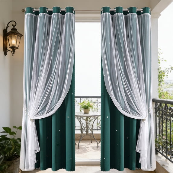 Blackout Curtains 84 Inch Double Layer with Star Lace Sheer, Thermal Insulated Room Darkening Curtain Panel for Bedroom and Living Room