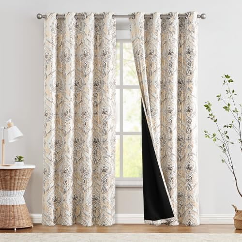 Blackout Curtains 84 Inches Long Golden Foil Damask Medallion Window Curtains for Bedroom Grommet Thermal Insulated Drapes for Living Room Vintage Luxury Window Treatments Set 2 Panels