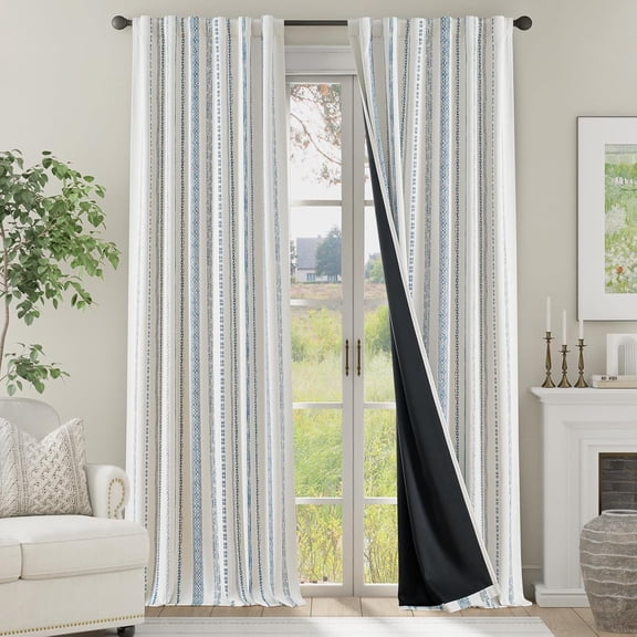 Blackout Curtains 96 Inches Long for Bedroom, Boho Insulated Curtains Blue Striped Pattern Geometric Drapes Back Tab Rod Pocket Room Darkening Retro Farmhouse Pattern 2 Panels