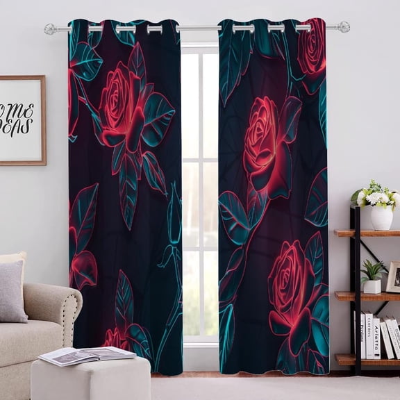 Blackout Curtains Abstract Bright Rose Shiny Flowers Leaves Pattern, 3D Printed Window Curtain Panels Window Curtain with Grommet Drapes for Bedroom Living Room 26"W x 45"L (Pack of 2)
