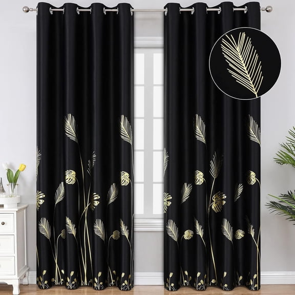 Blackout Curtains for Bedroom 102 Inches Long, Thermal Insulated Room Darkening Grommet Curtains for Living Room, Light Blocking Drapes with Gold Print, 52"W x 102"L, 2 Panels