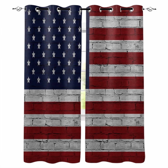 Blackout Curtains for Bedroom, American Flag Room Darkening Window Drapes for Living Room, Vintage Brick Wall Star Striped Red Blue Thermal Insulated Grommet Curtains, 42x63 inch, 2 Panels