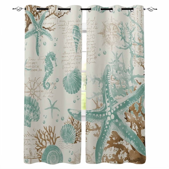 Blackout Curtains for Bedroom, Aqua Coastal Starfish Room Darkening Window Drapes for Living Room, Farmhouse Nautical Seahorse Coral Thermal Insulated Grommet Curtains, 52x72 inch, 2 Panels