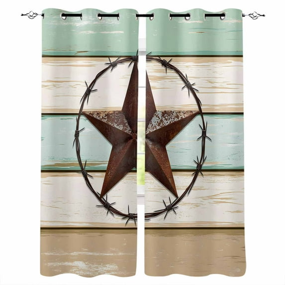 Blackout Curtains for Bedroom, Beige Sage Green Texas Star Room Darkening Window Drapes for Living Room, Vintage Stars Wooden Thermal Insulated Grommet Curtains, 42x45 inch, 2 Panels