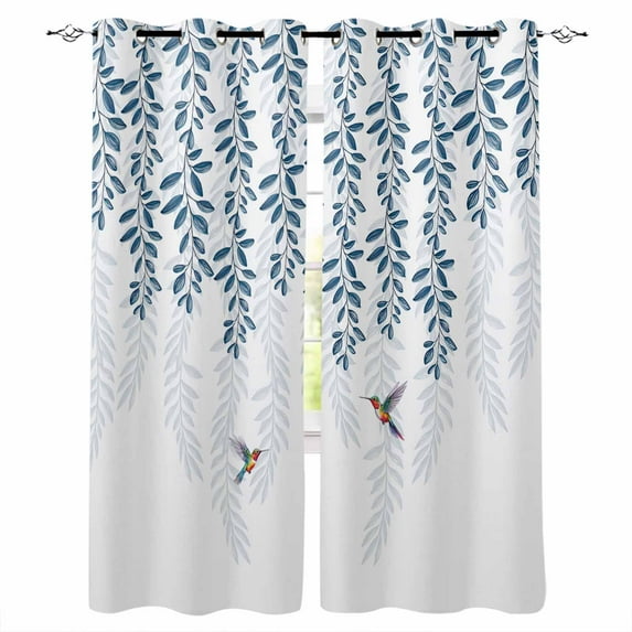 Blackout Curtains for Bedroom, Blue Botanical Room Darkening Window Drapes for Living Room, Pastoral Spring Floral Summer Birds Thermal Insulated Grommet Curtains, 52x54 inch, 2 Panels